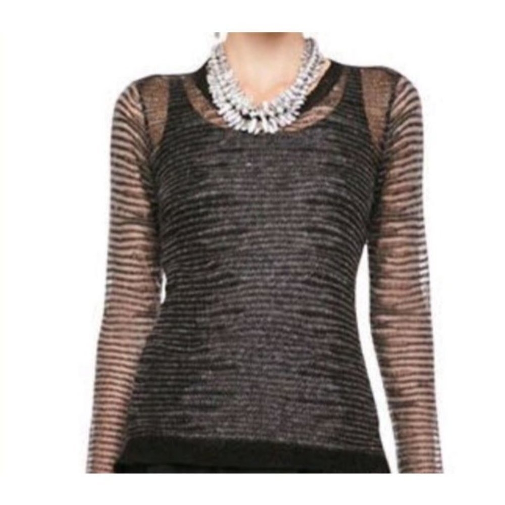 Eileen Fisher Black & Gray Linen/Mohair Twist Scoop Neck Sweater Size XS